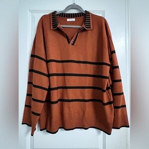 Women's Rust Striped Lightweight Polo Sweater